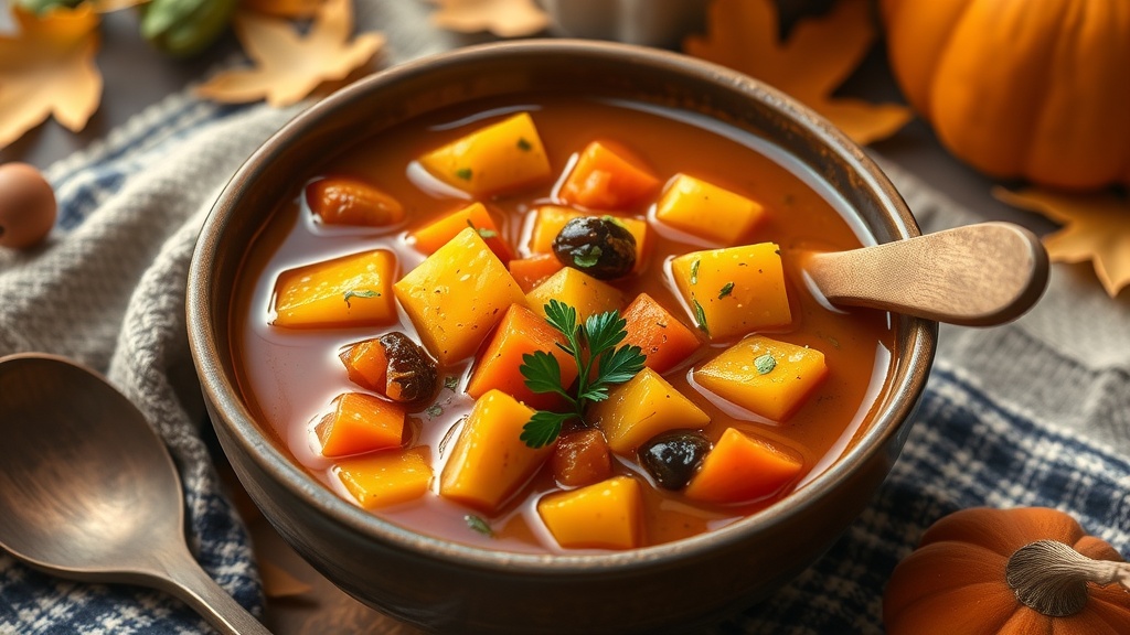 Hearty Pumpkin Stew Recipe A bowl of pumpkin stew with chunks of pumpkin, carrots, and herbs, on a rustic table with autumn leaves.